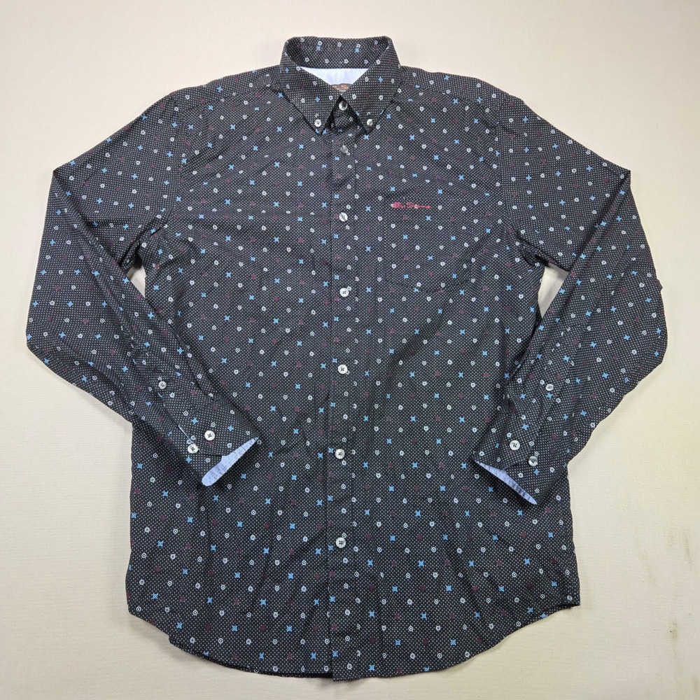 Ben Sherman Button Down Shirt Geometric Micro Print Navy Blue Mens Size M